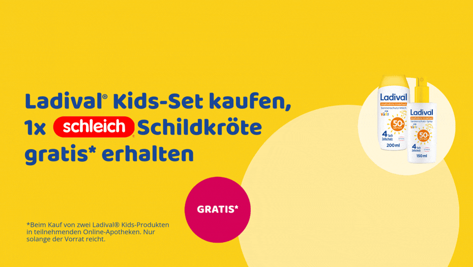 Werbebild: Ladival Kids-Set mit Schildkröte von Schleich. Zwei Sonnenschutz-Milch Flaschen, Gratis-Aktion.
